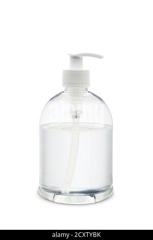 Distributeur de gel antibactérien sur fond blanc Banque D'Images