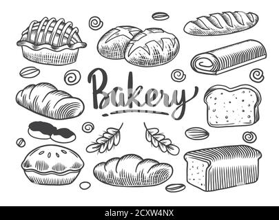 Ensemble de dessins sur le thème de la boulangerie. Collection de gâteaux, tartes, pain et pâtisseries. Maison de pain. Vecteur noir et blanc esquisse illustration isolée sur fond blanc Illustration de Vecteur