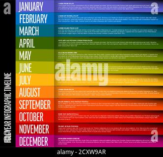 Modèle de calendrier de l'année complète avec tous les mois en couleur ligne avec ombre et texte de contenu Illustration de Vecteur