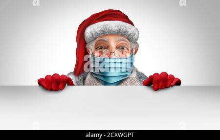 Le Père Noël porte un concept de bannière masque facial comme symbole de la saison des fêtes de Noël pour la santé et la prévention des maladies de santé comme équipement médical. Banque D'Images