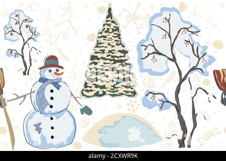 Mignon Bonhomme de neige dans les bois. Joyeux Noël / Hiver. Colorful design unique. Vector Illustration. Illustration de Vecteur