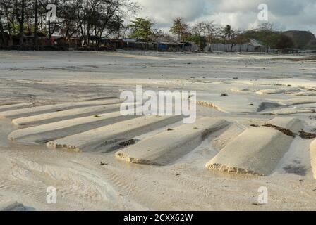 La bande côtière à marée basse. Une zone désertique avec du sable humide, un relief ondulé s'étend le long de lui. Gros plan. Relief de la plage de sable du tideland pendant le bas Banque D'Images