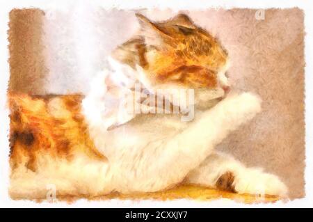 Chats mignons en divers gestes Illustration créant peinture impressionniste. Banque D'Images