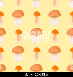 Illustration aquarelle sans couture des champignons porcini sur une lumière jaune Banque D'Images