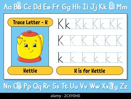 Lettres de trace. Pratique de l'écriture. Feuille de suivi pour enfants. Apprendre l'alphabet. Joli personnage. Illustration vectorielle. Style de dessin animé. Illustration de Vecteur