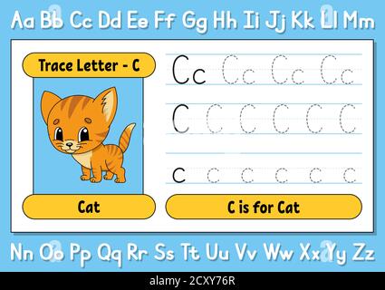 Lettres de trace. Pratique de l'écriture. Feuille de suivi pour enfants. Apprendre l'alphabet. Joli personnage. Illustration vectorielle. Style de dessin animé. Illustration de Vecteur
