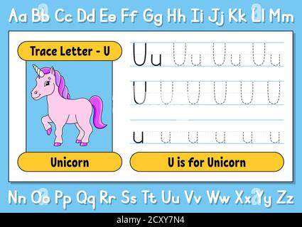 Lettres de trace. Pratique de l'écriture. Feuille de suivi pour enfants. Apprendre l'alphabet. Joli personnage. Illustration vectorielle. Style de dessin animé. Illustration de Vecteur