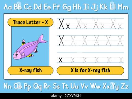 Lettres de trace. Pratique de l'écriture. Feuille de suivi pour enfants. Apprendre l'alphabet. Joli personnage. Illustration vectorielle. Style de dessin animé. Illustration de Vecteur
