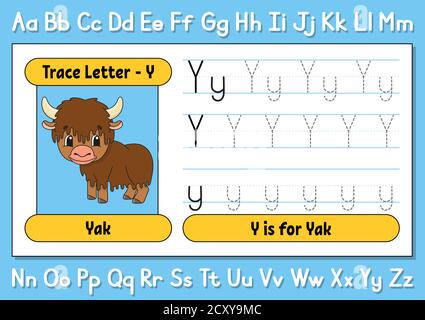 Lettres de trace. Pratique de l'écriture. Feuille de suivi pour enfants. Apprendre l'alphabet. Joli personnage. Illustration vectorielle. Style de dessin animé. Illustration de Vecteur