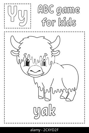 La lettre y est pour yak. Jeu ABC pour enfants. Page de coloriage de l'alphabet. Personnage de dessin animé. Mot et lettre. Illustration vectorielle. Illustration de Vecteur