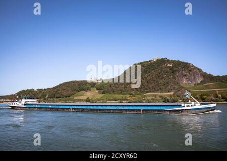 Drachenfels colline avec château et ruine Drachenburg au-dessus de Koenigswinter, Rhin, Rhénanie-du-Nord-Westphalie, Allemagne. Drachenfels mit Schloss Drachenb Banque D'Images