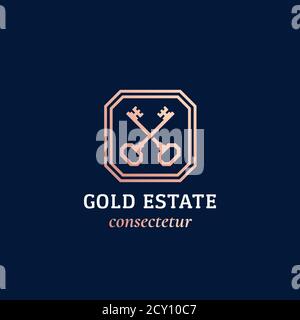 Modèle de logo ou de signe vectoriel abstrait immobilier. Sillimume de clés d'or croisées dans un cadre avec Typographie rétro élégante. Emblème vintage Vector. Illustration de Vecteur