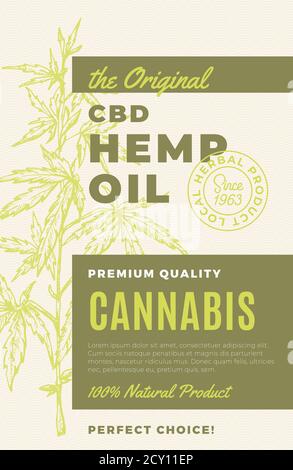 L'étiquette originale de conception de vecteur abstrait d'huile de chanvre CBD. Typographie moderne et branche de l'usine de cannabis dessinée à la main avec des feuilles esquisse Silhouette Illustration de Vecteur