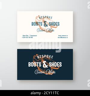 Modèle de carte de visite, de symbole ou de logo et de signe vectoriel rétro Boots sur mesure. Vintage pour Homme : croquis de chaussures avec Typographie et texture de sorbise. Haut de gamme Illustration de Vecteur