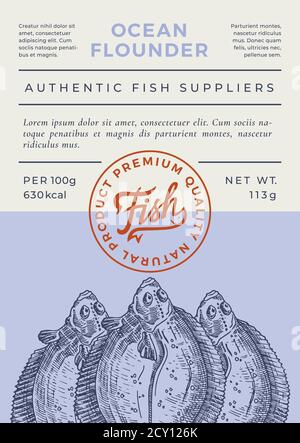 Ocean Fish Abstract Vector Packaging Design ou Label. Banderole en Typographie moderne, flander ou silhouette de poisson plat avec logo en lettrage Illustration de Vecteur