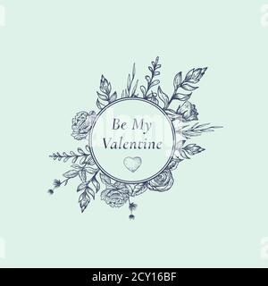 Étiquette botanique abstraite de Saint-Valentin avec bannière fleurie à cadre rond. Typographie rétro. Fleurs de rose et de pivoine dessinées à la main et esquisses de coeur. Gris Illustration de Vecteur