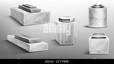 Socles en marbre avec plate-forme métallique sur le dessus pour exposer un produit, une exposition ou un trophée. Ensemble vectoriel réaliste de podiums d'acier vides sur base de pierre différentes formes pour la vitrine, le musée ou l'exposition Illustration de Vecteur
