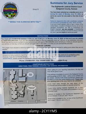 Lettre officielle d'assignation à jury du comté de Sedgwick, Kansas, États-Unis. Banque D'Images