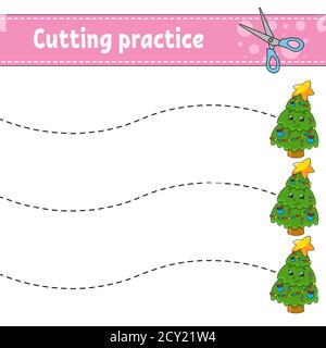 Pratique de coupe pour les enfants. Feuille de travail de développement de l'éducation. Page activité. Jeu de couleurs pour les enfants. Illustration vectorielle isolée. Personnage de dessin animé. Illustration de Vecteur