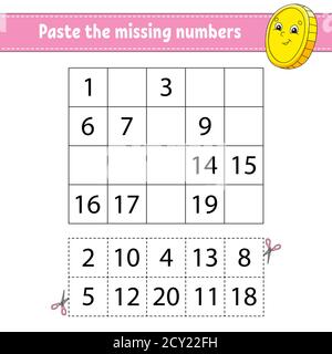Coller les numéros manquants 1-20. Jeu pour enfants. Pratique de l'écriture manuscrite. Numéros d'apprentissage pour les enfants. Feuille de travail de développement de l'éducation. Page activité. ISO Illustration de Vecteur