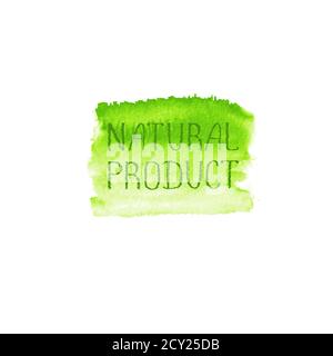 Modèle de conception du logo Natural Products. Bannière d'affiche en forme d'aquarelle verte avec emblème dessiné à la main. Lettrage sur texture de pinceau vert aquarelle sp Banque D'Images