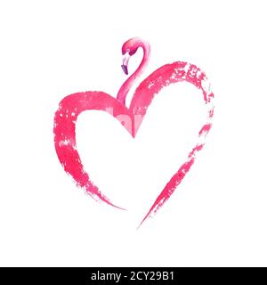 Flamants roses aquarelle en forme de coeur isolés sur fond blanc. Oiseau exotique tropical rose flamango. Illustration aquarelle dessinée à la main. Imprimer f Banque D'Images