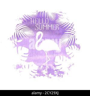 Hello été lettering flamants flamants violet affiche bannière dessin main aquarelle illustration d'un spot. Silhouette de flamants roses, plantes exotiques tropicales. Concept Banque D'Images