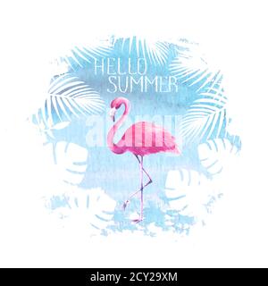 Hello été lettering rose flamants bleu affiche bannière dessin main aquarelle illustration d'un spot. Flamants d'oiseaux tropicaux, plantes exotiques tropicales. Conce Banque D'Images