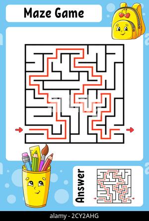 Labyrinthe carré. Jeu pour enfants. Labyrinthe drôle. Feuille de travail de développement de l'éducation. Page activité. Puzzle pour les enfants. Style de dessin animé. Retour à l'école. Logica Illustration de Vecteur