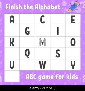 Terminez l'alphabet. Jeu ABC pour enfants. Feuille de travail de développement de l'éducation. Jeu d'apprentissage pour les enfants. Page d'activité couleur. Illustration de Vecteur