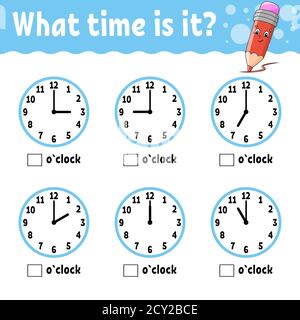 Temps d'apprentissage sur l'horloge. Fiche d'activité éducative pour les enfants et les tout-petits. Jeu pour enfants. Illustration simple à vecteur de couleur isolé à plat dans Illustration de Vecteur