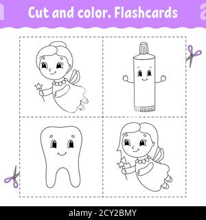 Couper Et Colorer Flashcard Set Livre De Coloriage Pour Les Enfants  Personnage De Dessin Animé Mignon Silhouette De Contour Noir