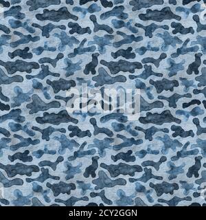 Mode militaire chasse camouflage vert et bleu arrière-plan abstrait. Motif bois sans couture. Sarcelle, bleu, vert couleurs forêt texture. Aquarelle Banque D'Images