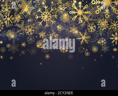 Bannière de Noël ornée de flocons de neige dorés scintillants, de lumières et d'étoiles brillantes. Carte de luxe avec particules en chute et flocons de neige étincelants. Célébration Illustration de Vecteur
