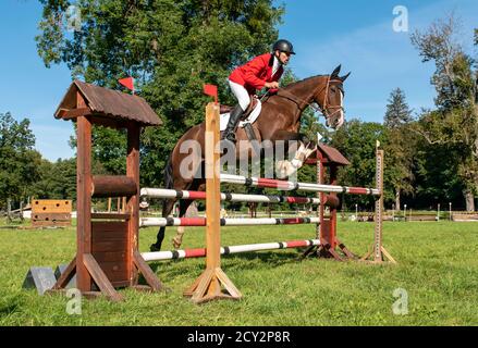 Vue en contre-plongée d'un cavalier et d'un cheval qui sautent sur une clôture lors d'un procès en force, en République tchèque Banque D'Images