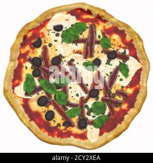 Apéritif 3-D Illustration de pizza italienne de Naples cuite au four avec sauce tomate, fromage mozzarella râpé, petits anchois, câpres salées, origan, mer Banque D'Images