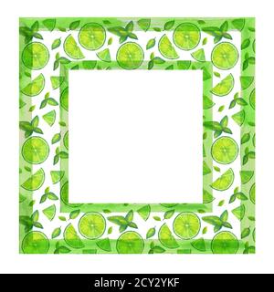 Cadre de bordure vert d'été avec motif de cocktail mojito classique isolé sur fond blanc avec un emplacement pour le texte. Illustration aquarelle dessinée à la main Banque D'Images