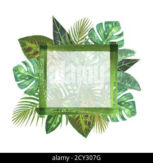Cadre de bordure vert tropical avec bouquet exotique de feuilles vert tropical vif, branches isolées sur fond blanc. Aquarelle dessinée à la main naturelle Banque D'Images
