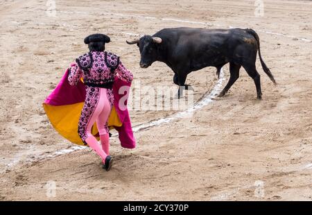 Ambato, ÉQUATEUR - Dec 15, 2015 - torero à pied duels avec Bull au cours de Carnaval Banque D'Images