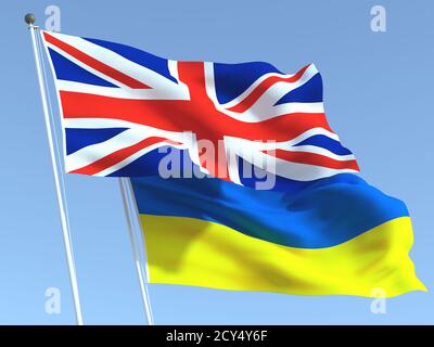 Deux drapeaux d'Etat du Royaume-Uni et de l'Ukraine sur le ciel bleu. Expérience professionnelle de haute qualité. illustration 3d Banque D'Images