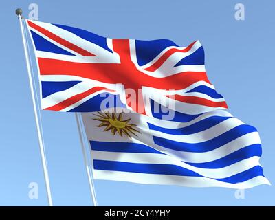 Deux drapeaux d'Etat du Royaume-Uni et de l'Uruguay sur le ciel bleu. Expérience professionnelle de haute qualité. illustration 3d Banque D'Images