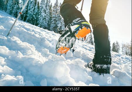 Gros plan de bottes de montagne avec crampons et guêtres à neige avec des rayons de soleil rétroéclairés et des spruces enneigés en arrière-plan Banque D'Images