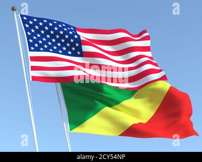 Deux drapeaux des États-Unis et du Congo sur le ciel bleu. Expérience professionnelle de haute qualité. illustration 3d Banque D'Images