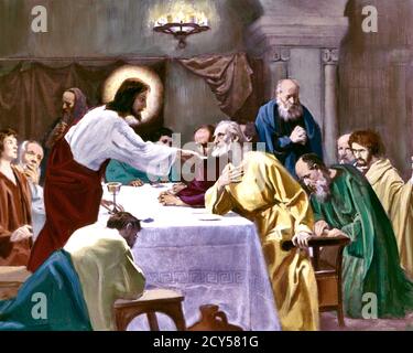 ANNÉES 1960 CHRIST AVEC HALO À LA DERNIÈRE OFFRANDE DE CÈNE À SES DISCIPLES MANGENT C'EST L'ART RELIGIEUX DE MON CORPS TRAVAIL PAR EMONDS - KR9088 SPL001 HARS COMPÉTENCE HALO HIS JÉRUSALEM RELIGIEUSE CHRISTIANISME EUCHARISTIE COMMUNION CÈNE CONNEXION DIVINE SAINTE CONCEPTUELLE GOSPEL ARTS FILS DE DIEU DISCIPLES FIDÈLES DERNIERS APÔTRES DE LA CÈNE ART COOPÉRATION FOI OFFRANT LE TALENT SPIRITUEL TOGETHERNESS 12 CROYANCE INSPIRANTE JÉSUS-CHRIST DERNIER NOUVEAU TESTAMENT VIEUX-MODÉ DOUZE Banque D'Images