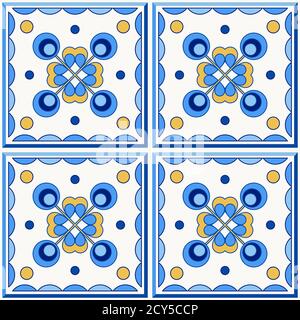 Portugal traditionnel Lisbonne azulejo carreaux de céramique. Illustration vectorielle. Couleurs jaune, bleu et blanc. Ensemble de quatre carreaux de plancher. Motif vectoriel transparent. Illustration de Vecteur