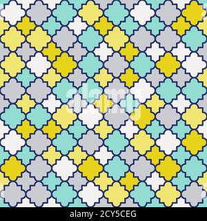 Motif de treillis traditionnel à l'huile de quatrefoil. Formes colorées en quatrefoil, couleurs rétro - menthe, jaune moutarde. Arrière-plan vectoriel transparent. Illustration de Vecteur