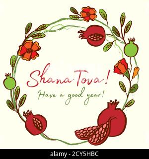 Rosh Hashanah carte - nouvel an juif. Message d'accueil Shana tova sur l'hébreu - bonne année. Couronne de grenade avec illustrations vectorielles de feuilles et de fleurs Illustration de Vecteur