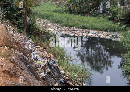 Des tas de déchets plastiques jetés dans une rivière surcultivée, mauvais pour l'environnement à Bhubaneswar, en Inde Banque D'Images