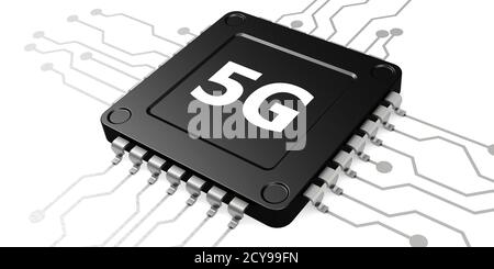 Puce 5G isolée sur fond blanc, rendu 3D Banque D'Images