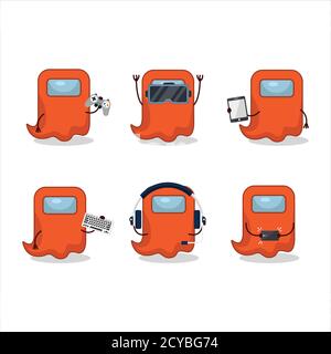 Ghost parmi nous personnage de bande dessinée orange jouent à des jeux avec diverses émoticônes mignons Illustration de Vecteur